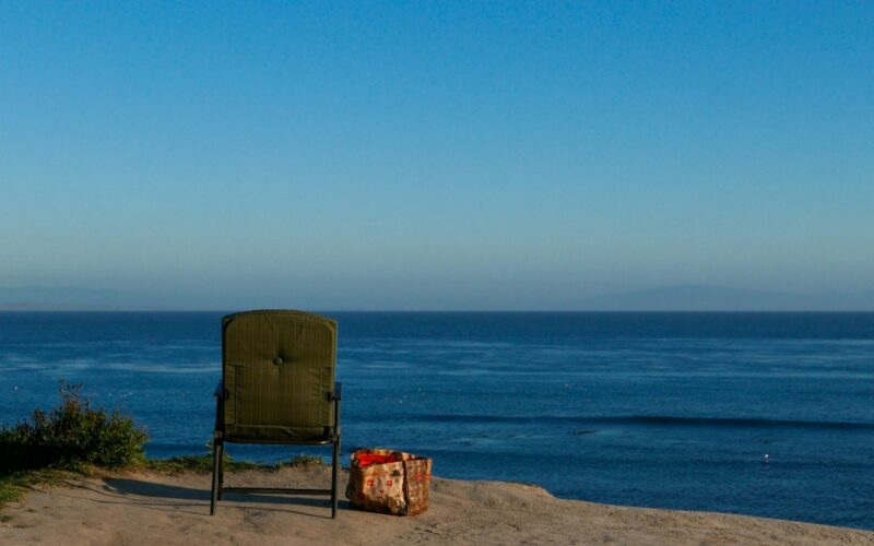 brown armchair near sea shore
